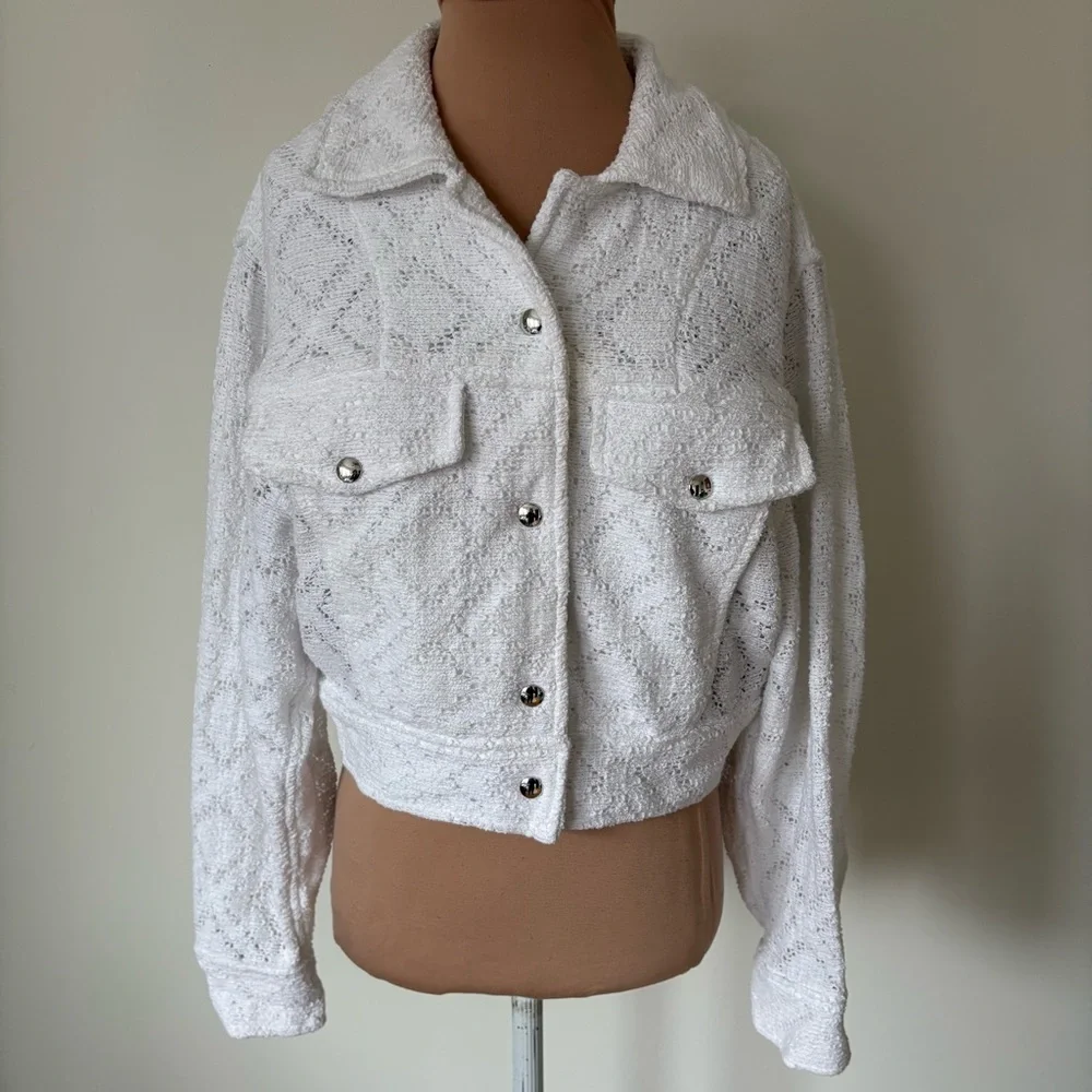 Iro Uliana Crochet Crispy White Snap Button Front Denim Style Jacket Size 36/4